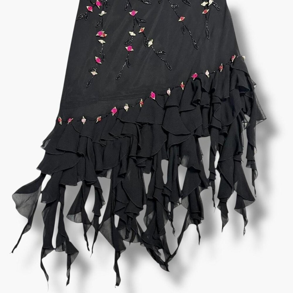 Y2K gothic fairycore beaded silk ribbon flower asymmetrical ruffle fringe dress - Picture 6 of 11